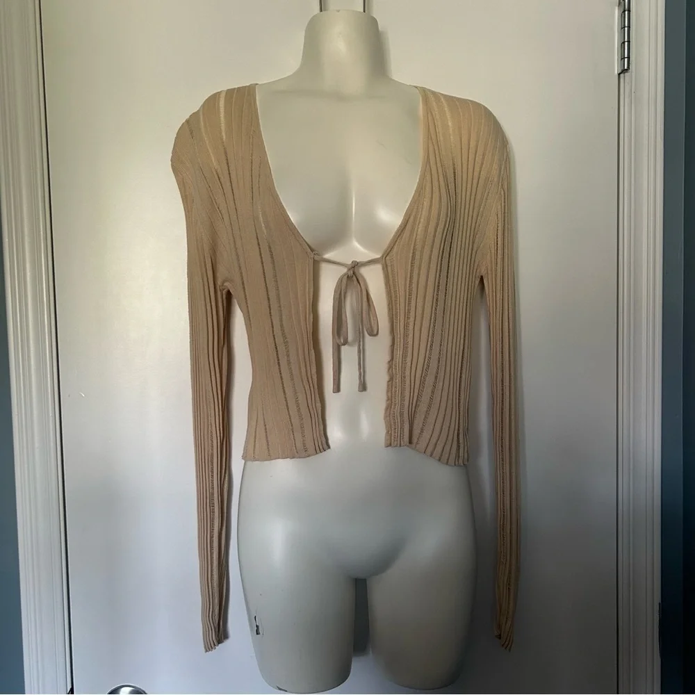 Zara Cream Stretch Loose Knit Tie Front Long Sleeve Cardigan Sweater - Picture 1 of 13